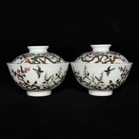 QING QIANLONG PASTEL MAGPIE ASCEND PLUM GRAIN COVER BOWL