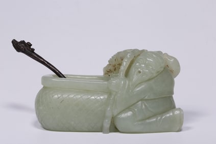 A HETIAN JADE CARVED FISHERMAN'S WATER POT (ORIGINAL COPPER SPOON) FROM THE REPUBLIC OF CHINA