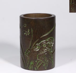 AGARWOOD HAND-CARVED ORCHID POEM PEN HOLDER