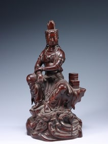 QING DYNASTY. BOXWOOD CARVED SCRIPTURE GUANYIN SITTING STATUE