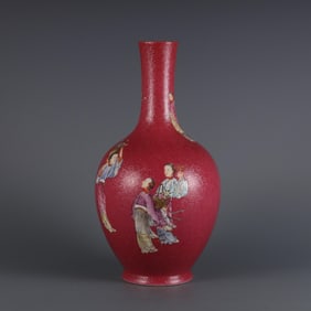 QIANLONG YEAR OF THE QING DYNASTY CARMINE GROUND FAMILLE ROSE SEVEN FAIRIES PICTURE GALL BOTTLE