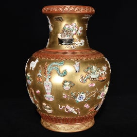 QING QIANLONG RELIEF GILT GOLD BO ANCIENT FLOWER VASE