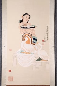 ZHANG DAQIAN HAND PAINTING LADY FIGURE SCROLL