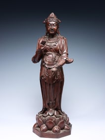 QING DYNASTY. AGARWOOD CARVED LOTUS GUANYIN STANDING STATUE
