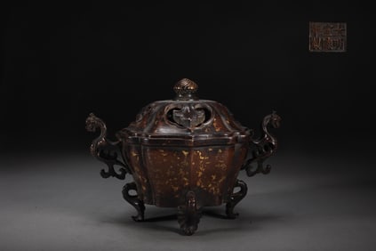 MING PRECISION CAST COPPER POINT GOLD SPRINKLED GOLDEN GOURD PRISMATIC THREE-LEGGED DRAGON EAR