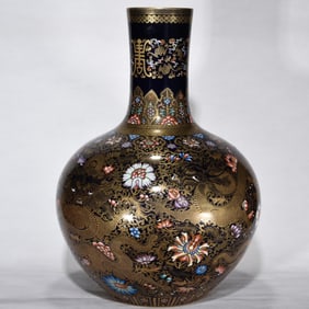 QING QIANLONG JI BLUE GLAZE PAINTED GOLD DRAGON WEAR DECORATIVE PATTERN DAY BALL BOTTLE