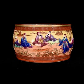 QING QIANLONG CORAL RED RELIEF ENAMEL CHARACTER STORY PEN WASH