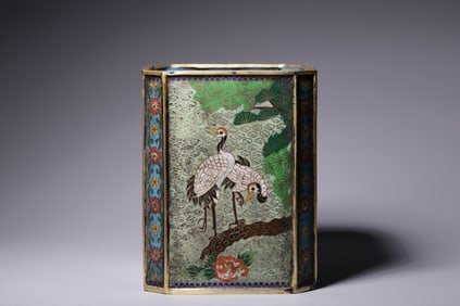 MADE IN THE QIANLONG PERIOD OF THE QING DYNASTY" CLOISONN? ENAMEL PINE AND CRANE LONGEVITY PATTERN