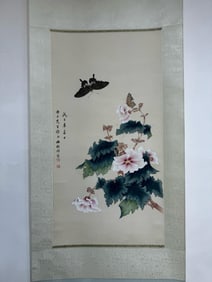 LIN HUIYIN HAND PAINTING FLOWER BUTTERFLY SCROLL