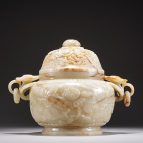 QING DYNASTY WHITE JADE FULL-CARVED EIGHT TREASURES PATTERN DOUBLE-EARED INCENSE BURNER