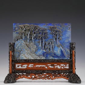 QING DYNASTY, LAPIS LAZULI SCREEN WITH A ZITHER VISITING A FRIEND