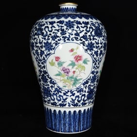 QING YONGZHENG BLUE AND WHITE PASTEL FLOWER PATTERN PLUM BOTTLE