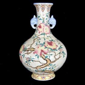 QING YONGZHENG PASTEL POMEGRANATE GRAIN DOUBLE-EAR BOTTLE