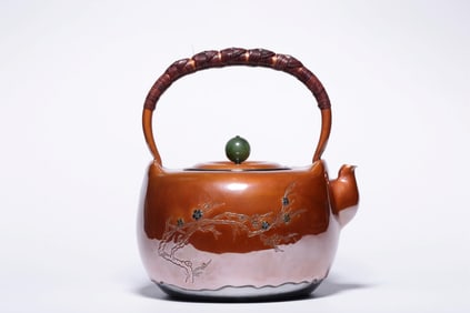 FULL SILVER ENGRAVED PLUM BLOSSOM PATTERN HANDLE SILVER POT