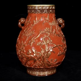 QING QIANLONG CORAL RED RELIEF PAINTED GOLD FLOWERS AND BIRDS GRAIN DOUBLE EARS