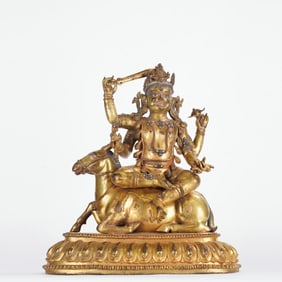 QING DYNASTY TIBETAN COPPER GILT FOUR-WALLED DHARMA KING