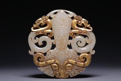 HETIAN JADE GILT ANIMAL FACE PATTERN PLAQUE