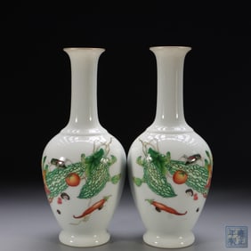 YONGZHENG YEAR. LANG SHINING STYLE A PAIR OF ENAMEL MELON AND FRUIT GALL BLADDER BOTTLES