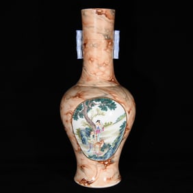 QING YONGZHENG WOOD GRAIN PASTEL CHARACTER STORY GRAIN DOUBLE EAR BOTTLE