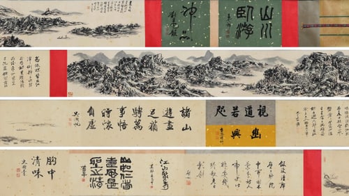 HUANG BINHONG MOUNTAINS AND RIVERS LIE TRAVEL FIGURE HAND SCROLL LONG WANG GUAN LIU DAN HOUSE TITLE