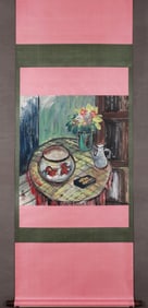 LIN FENGMIAN VASE AND FISH TANK FIGURE VERTICAL SHAFT FINE MOUNTED