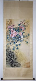 ZHANG DAQIAN HAND PAINTING FLOWERS AND BIRDS SCROLL