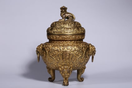 QIANLONG PERIOD" STYLE COPPER GILT KUILONG ROUND LONGEVITY PATTERN LION BUTTON INCENSE BURNER