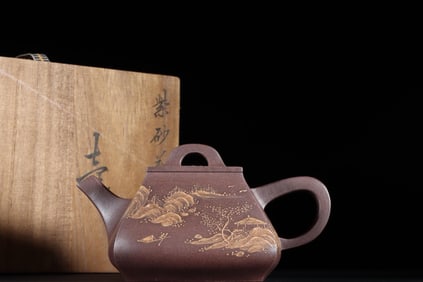 CLAY PAINTING, POETRY, LANDSCAPE SQUARE ZISHA TEAPOT WITH MARK OF YANG XIAN QING DYNASTY