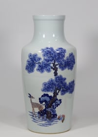 43CM QING QIANLONG YEAR BLUE AND WHITE GLAZE RED DEER CRANE WITH SPRING POETRY BOTTLE