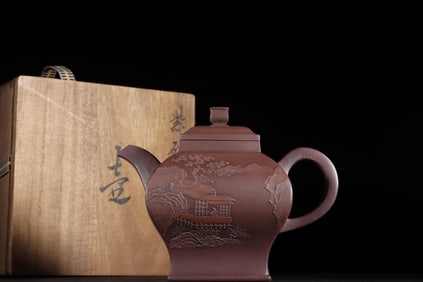 CLAY PAINTING LANDSCAPE SQUARE PALACE LAMP ZISHA TEAPOT WITH MARK OF QIANLONG YEAR OF THE QING