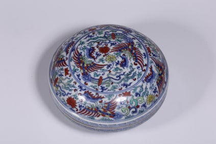 MADE IN THE CHENGHUA PERIOD OF THE MING DYNASTY DOUCAI DOUBLE PHOENIXES FLYING THROUGH LOTUS