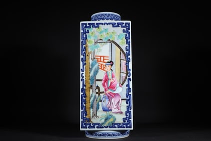 37CM QING DYNASTY QIANLONG FAMILLE ROSE FIGURE CONG-STYLE BOTTLE