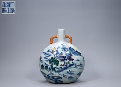 QING DYNASTY YONGZHENG YEAR MARK POWDER-COLORED LANDSCAPE FIGURE MOON VASE