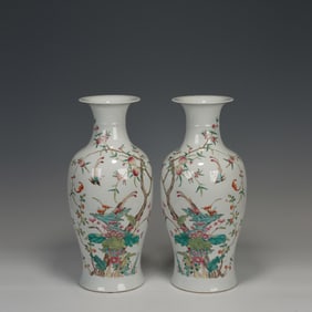 PAIR OF PASTEL-COLORED FLOWER-AND-BIRD APPRECIATION VASES