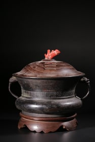 COPPER DOUBLE DRAGON EAR INCENSE BURNER WITH FIR WOOD LID BASE