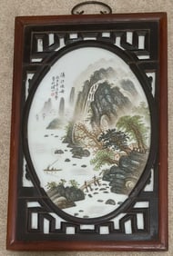 FAMILLE ROSE 'LANDSCAPE SCENERY' PORCELAIN PLAQUE
