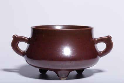 QING DYNASTY "DA QING QIANLONG" STYLE PURPLE GOLD GLAZE DOUBLE-HANDLED INCENSE BURNER