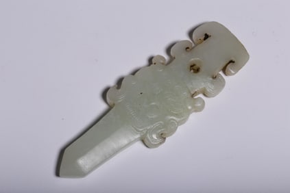 QING DYNASTY HETIAN JADE BEAST-FACED JADE SWORD ORNAMENT