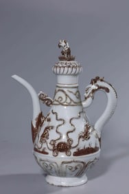 YUAN UNDERGLAZE RED AUSPICIOUS BEAST POT