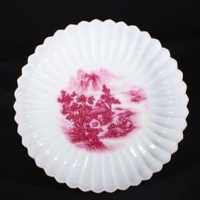 THE OLD COLLECTION OF THE QING DYNASTY YONGZHENG CARMINE RED LANDSCAPE PAVILION CHRYSANTHEMUM PETAL