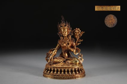 THE OLD COLLECTION OF FINE-CAST BRONZE FETAL GILT WHITE TARA SEATED STATUE, MARK DAMING YONGLE YEAR