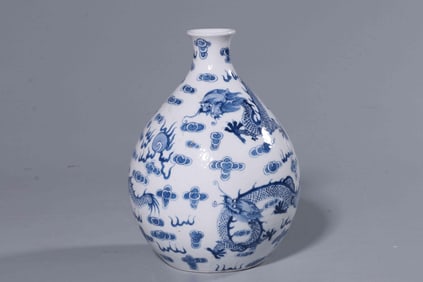 QING BLUE AND WHITE DRAGON PLAYING WITH PEARL VASE