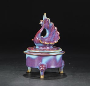 OLD COLLECTION OF JUN KILN PURPLE RED SPOT PALACE ROYAL PHOENIX LID POT BURNER, MARK QIANLONG