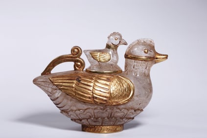 LIAO AND JIN DYNASTY CRYSTAL GILDED MANDARIN DUCK POT ORNAMENT