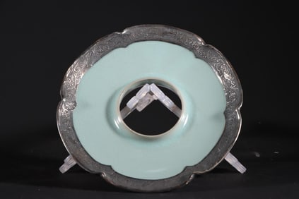 THE OLD COLLECTION OF RU KILN AZURE GLAZE STERLING SILVER ENGRAVED TRAY