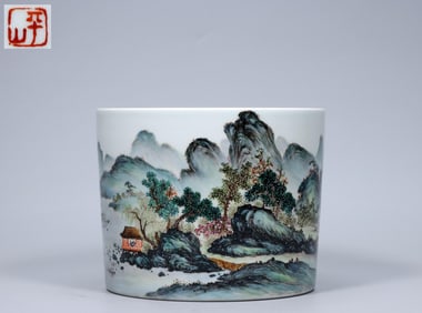 PEARL MOUNTAIN EIGHT FRIENDS (WANG YETING) PINK-GLAZED LANDSCAPE FIGURE PEN HOLDER