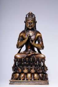 QING DYNASTY ALLOY COPPER INLAID SILVER PREACHING GUANYIN SEATED