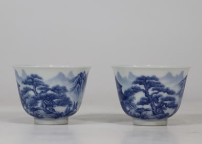 QING KANGXI YEAR BLUE AND WHITE LANDSCAPE PAVILION CUPS PAIR, APPEARANCE COMPLETE
