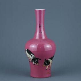 QING QIANLONG LANG SHNING ROUGE RED ENAMEL COLOR FU PIG GRAIN BELL