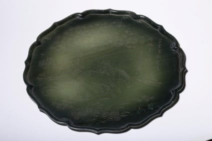 QING DYNASTY, "QIANLONG YEAR" HETIAN GREEN JADE PINE DOUBLE HORSE PICTURE SUNFLOWER PLATE